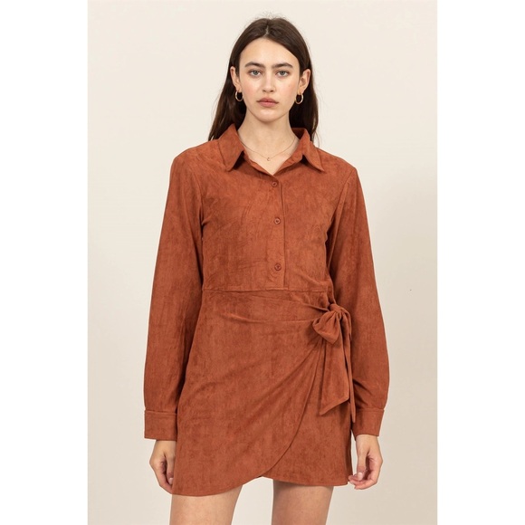 Vegan Rust Suede Wrap Tie Front Mini Dress - Picture 6 of 12